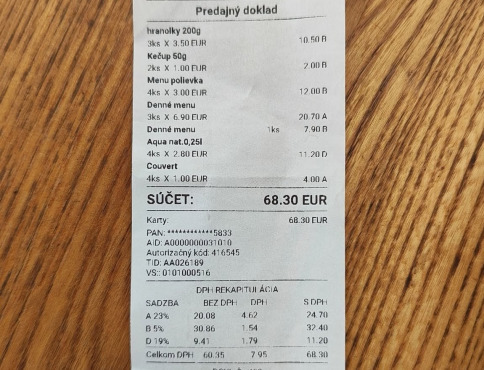 Bardejovčana prekvapil poplatok na účte z reštaurácie. Za couvert zaplatil štyri eurá