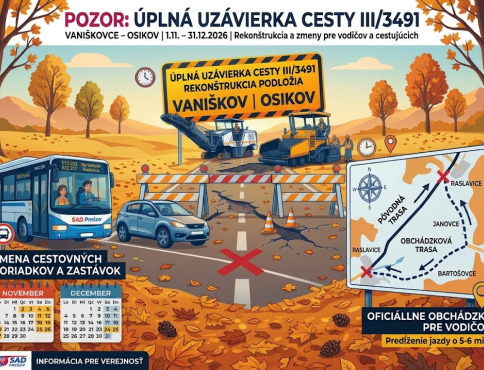 Pozor, vodiči a cestujúci! Cesta medzi Vaniškovcami a Osikovom sa na dva mesiace úplne uzavrie